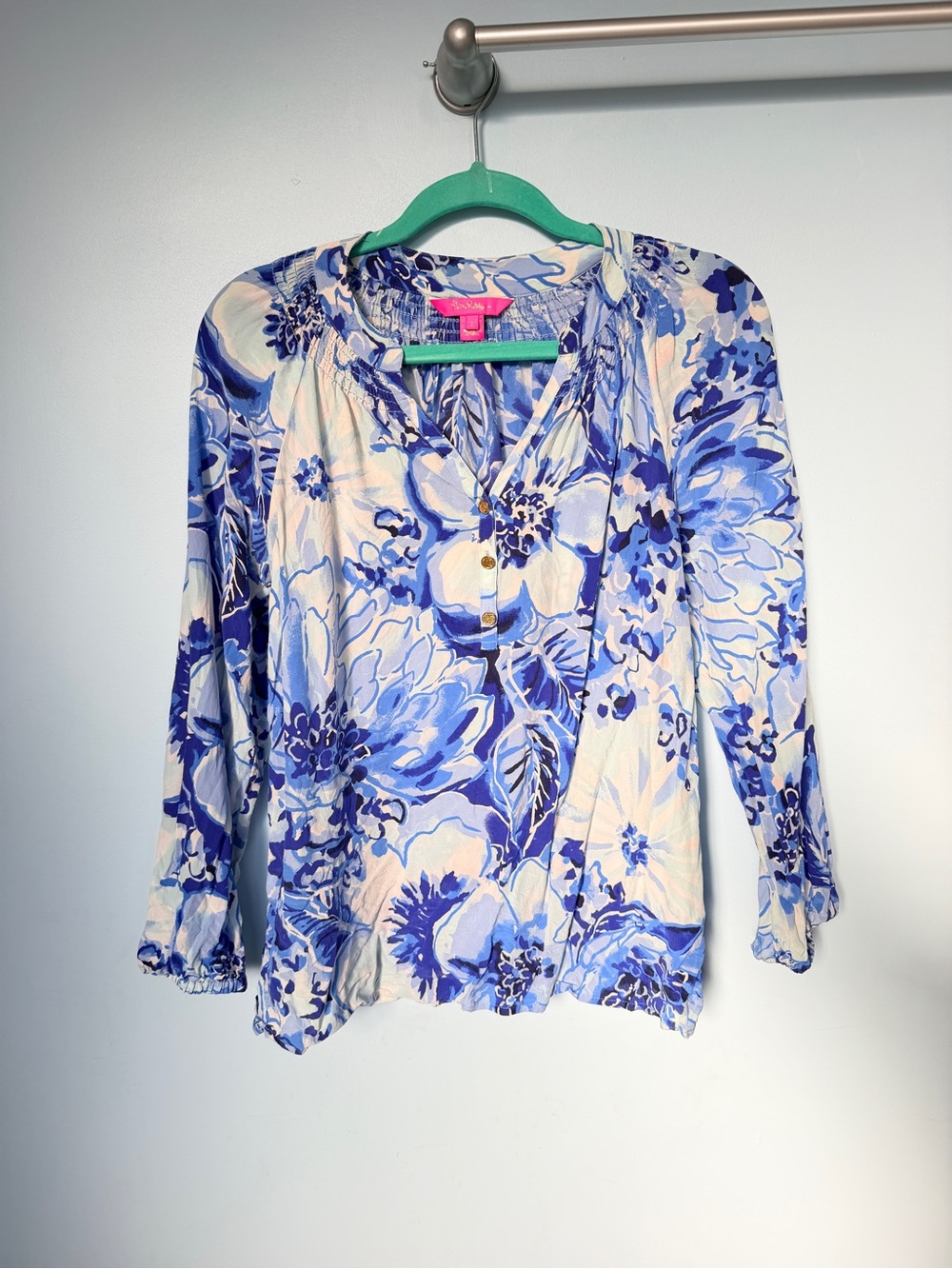 Lilly Pulitzer Elsa Silk Blouse Blue White Floral Print Size S